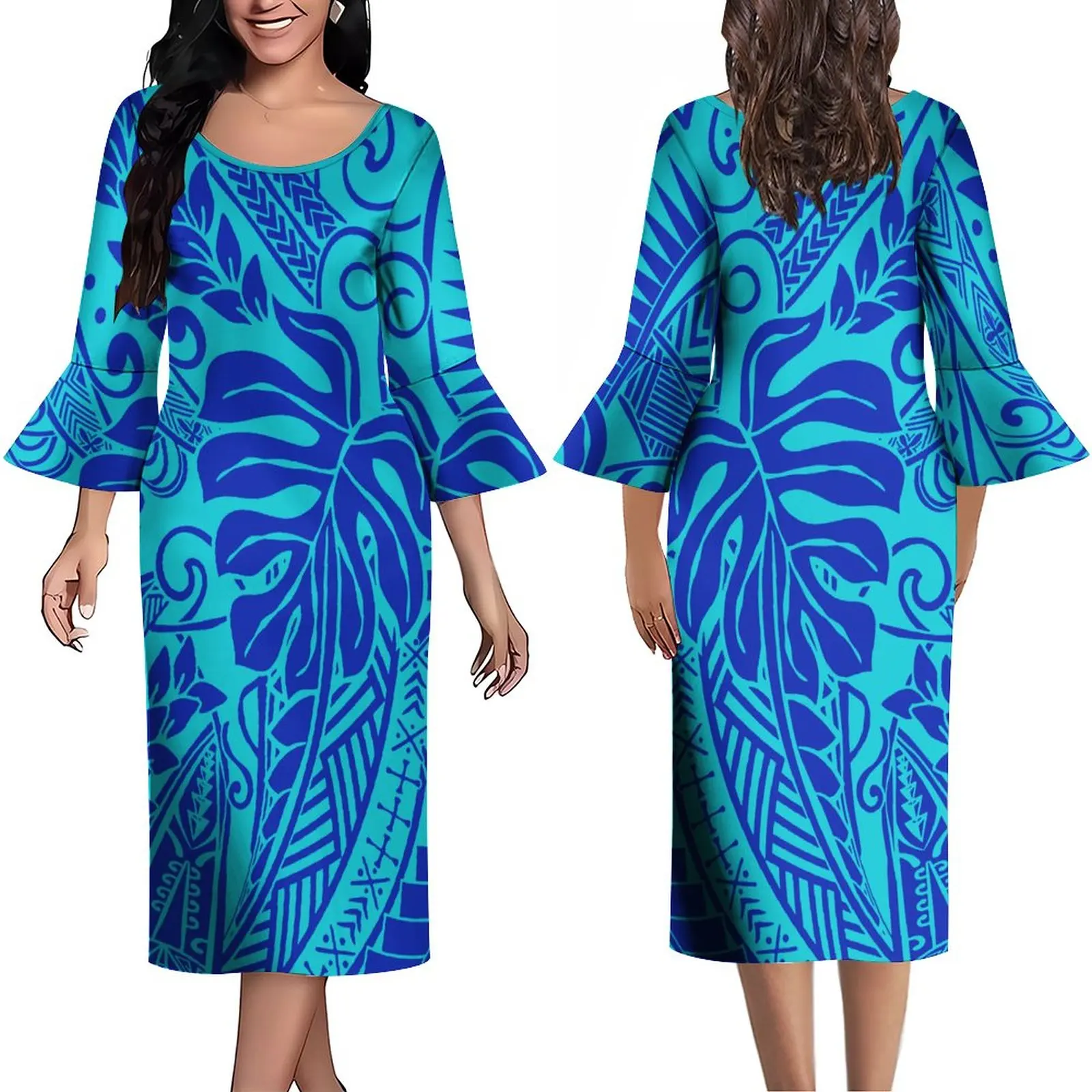 

Summer Autumn Long Sleeve Dress Lotus Cuff New Design Temperament Women Polynesian Tribal Ethnic Style Dress Custom