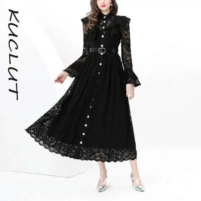 

KUCLUT 2025 New Lace Patchwork Women's Dress Ruffle Belted Waist Fashion Elegant Evening Party Dresses Female Trendy K170