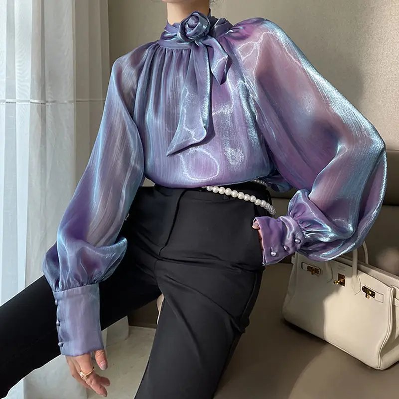 Tops Women Spring Summer Long Sleeve Office Lady Korean Style Solid Bow Casual Pullovers Loose Popularity Fashion Bright Silk