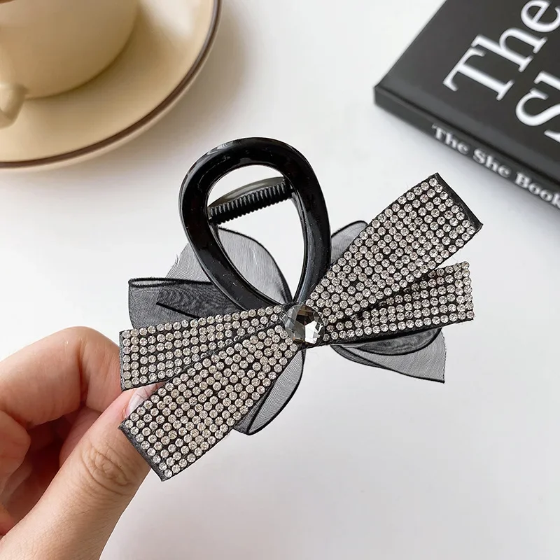 High-end Crystal Bow Hair Clips Elegant Temperament Rhinestone Hair Claw Shark Clip Korean Hair Accessories for Women