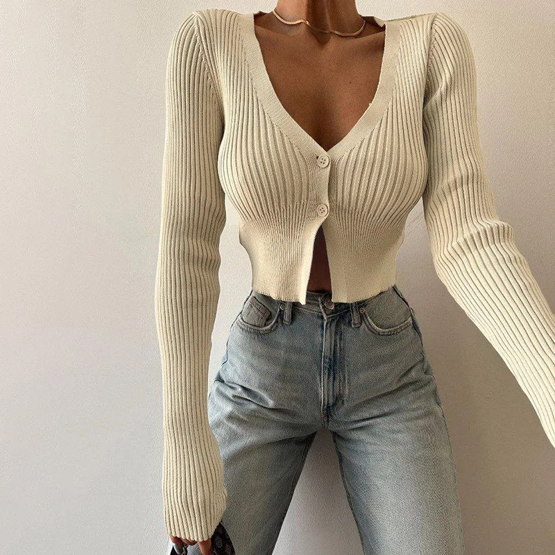 Spring Autumn Ribbed Solid V Neck Long Sleeve Buttons Sweater Tops Women Fashion Clothes Streetwear Wholesale Sweater Cardigan