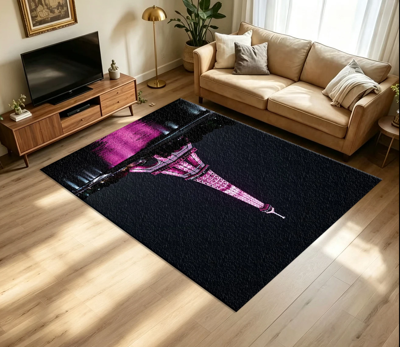 Pink Lit Eiffel Tower Night Scene carpet flooring Paris Landscape Decor Home Area Rug