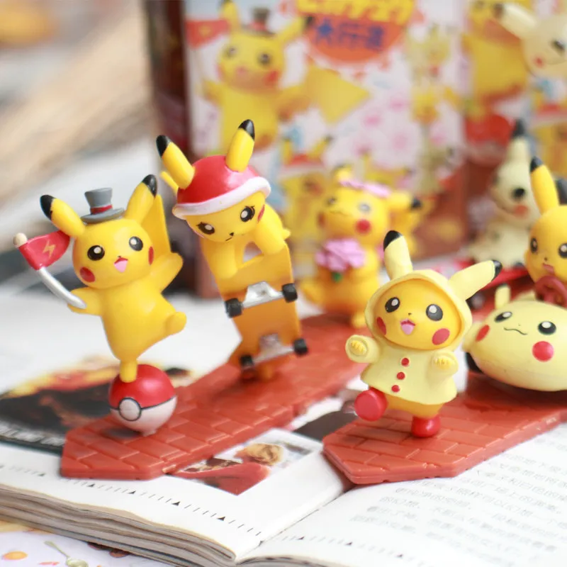 ポケモン-ススメ！-ピカチュウ-マーチ-ミニフィギュア-ブラインドボックス-スケートボード-レインコート-一輪車-ピカチュウ-デスクデコレーション-オーナメント-コレクタブルトイ