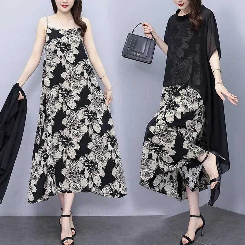 

Summer Women Sleeveless Straps Dresses Two Piece Set French Female O-Neck Printed Chiffon Dress Suit Korean Large Size 5XL 2PCS