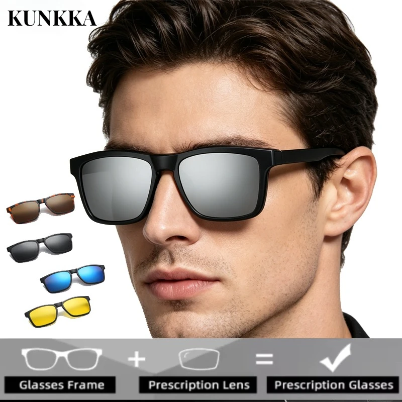 

KUNKKA 6 in 1 Men Women Polarized Optical Magnetic Sunglasses Clip Magnet Clip on Sunglasses Clip on Sun Glasses Frame and Bag