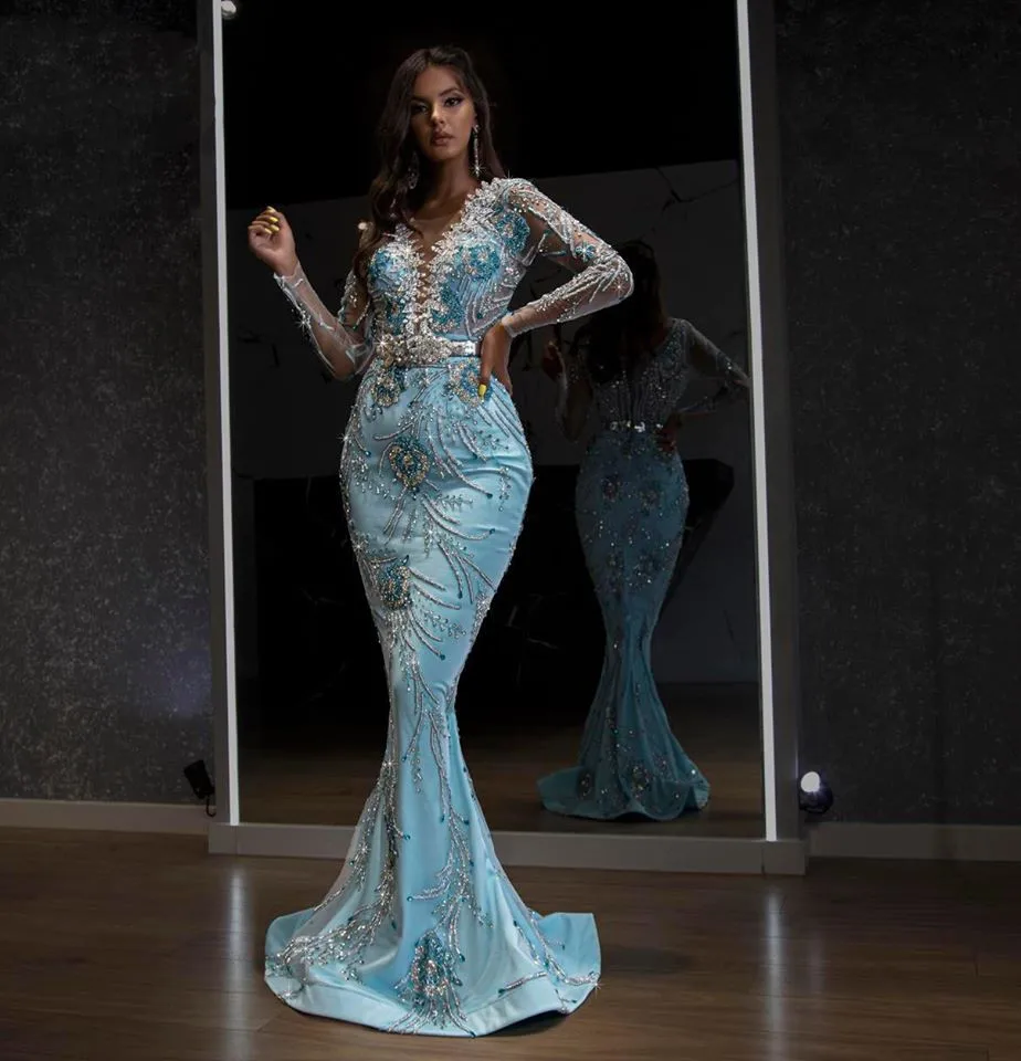 Luxury Beaded Mermaid Evening Dresses With Puffy Detachable Train Vintage Applique Full Sleeves Crystal Evening Gowns