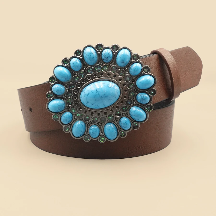 Cinturón ancho para mujer con incrustaciones de piedras preciosas estilo corte Retro, estilo vaquero occidental, cinturón de nicho para mujer, cinturón de zafiro tallado