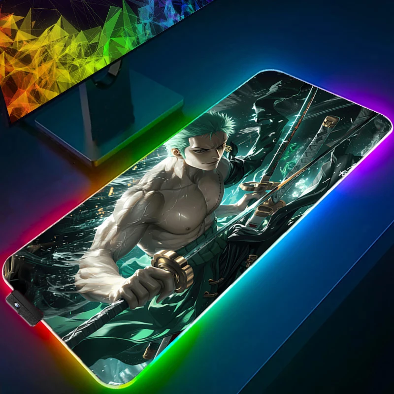 ONE PIECE Zoro Mouse Pad RGB Gaming Accessories Gabinete Gamer PC Computer Desk Mat Backlight Keyboard Tablet Anime Mousepad LED