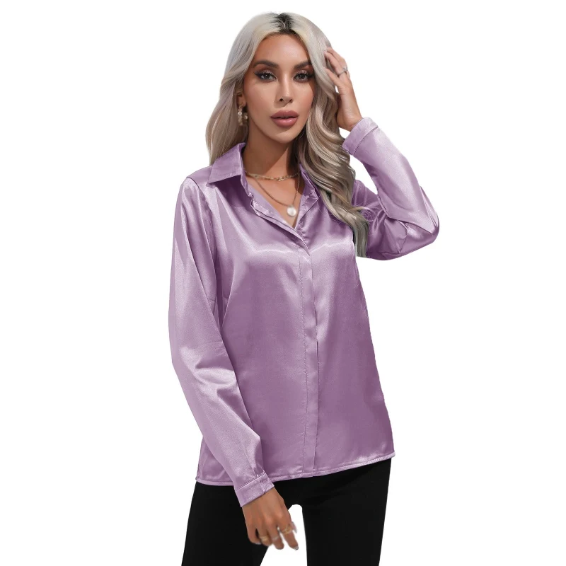 Women\'s Shirts Satin Imitation Silk Long Sleeves Commuting Casual Silk Ice Light Luxury One Button Blouse