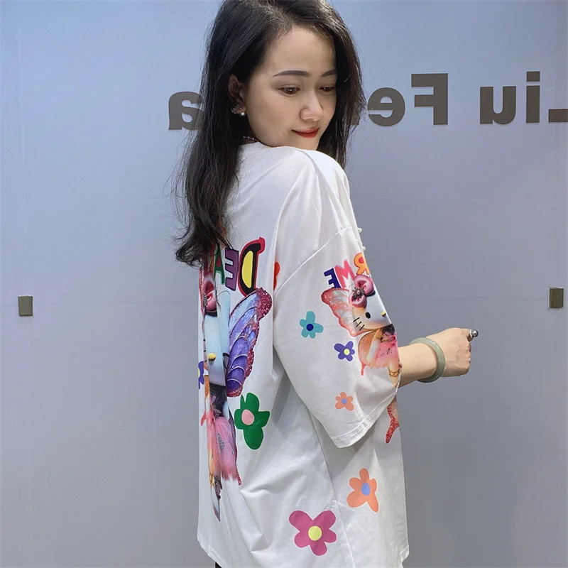 Casual Cartoon Kawaii Printed T-shirts for Women Summer Clothes Fashion Beading O-Neck Short Sleeve Tops Ladies T Shirt Femme