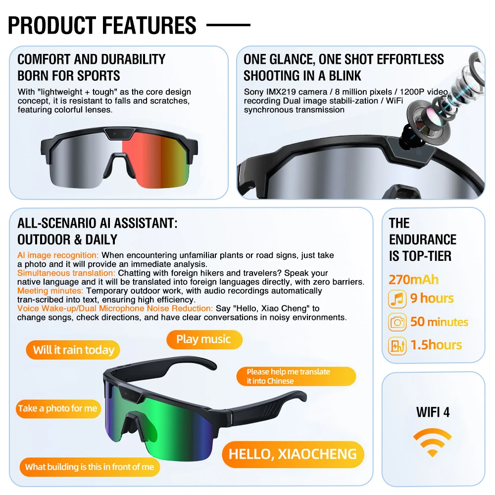 Zeblaze AI Sports Camera Glasses 800W 1080P HD Photo Video Recording Smart Translation Hands-Free Call & Message Glasses