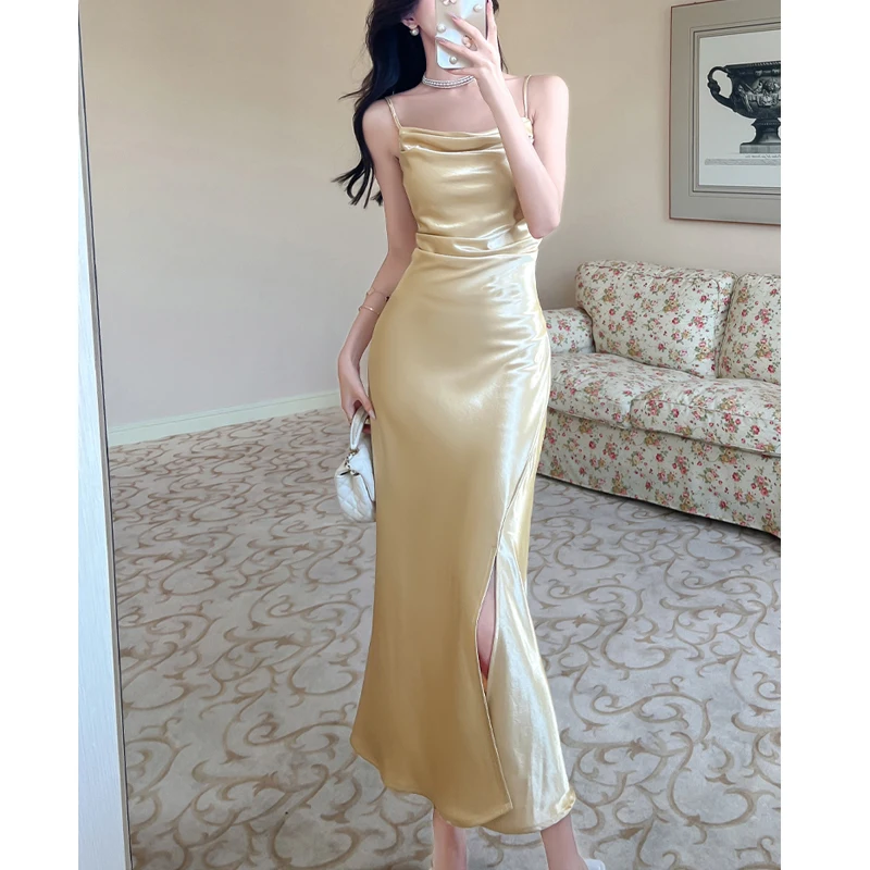 Women Sleeveless Yellow Camisole Dress Spring Summer Silk Satin Long Dress Slim Slit Sexy Party Dresses