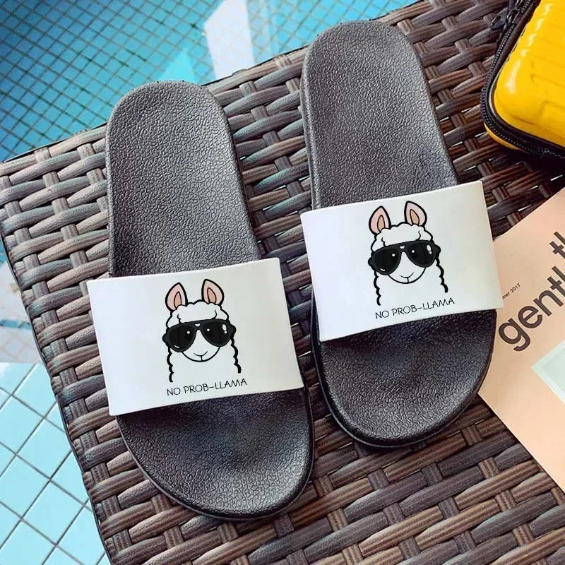 Women Slippers Kawaii Alpaca Print Summer Beach Open Toe Flip Flops Animal Pattern Comfortable outdoor slides