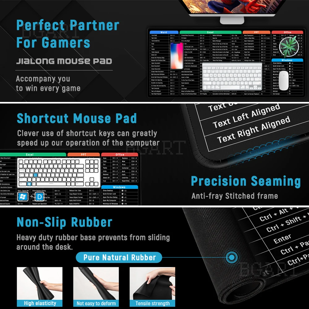 Windows and Excel keyboard shortcuts mouse pad, large keyboard mouse pad with seamed anti-slip base. Office computer desk mat