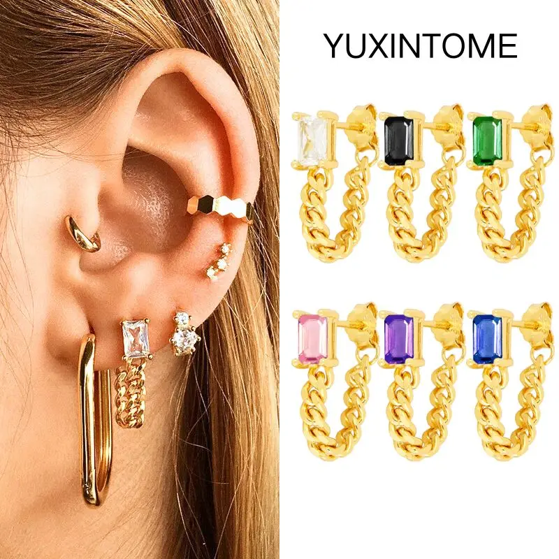 925 Sterling Silver Needle Colorful Square Crystal Stud Earrings Luxury Chain Tassel Pendant Earrings for Women Fine Jewelry