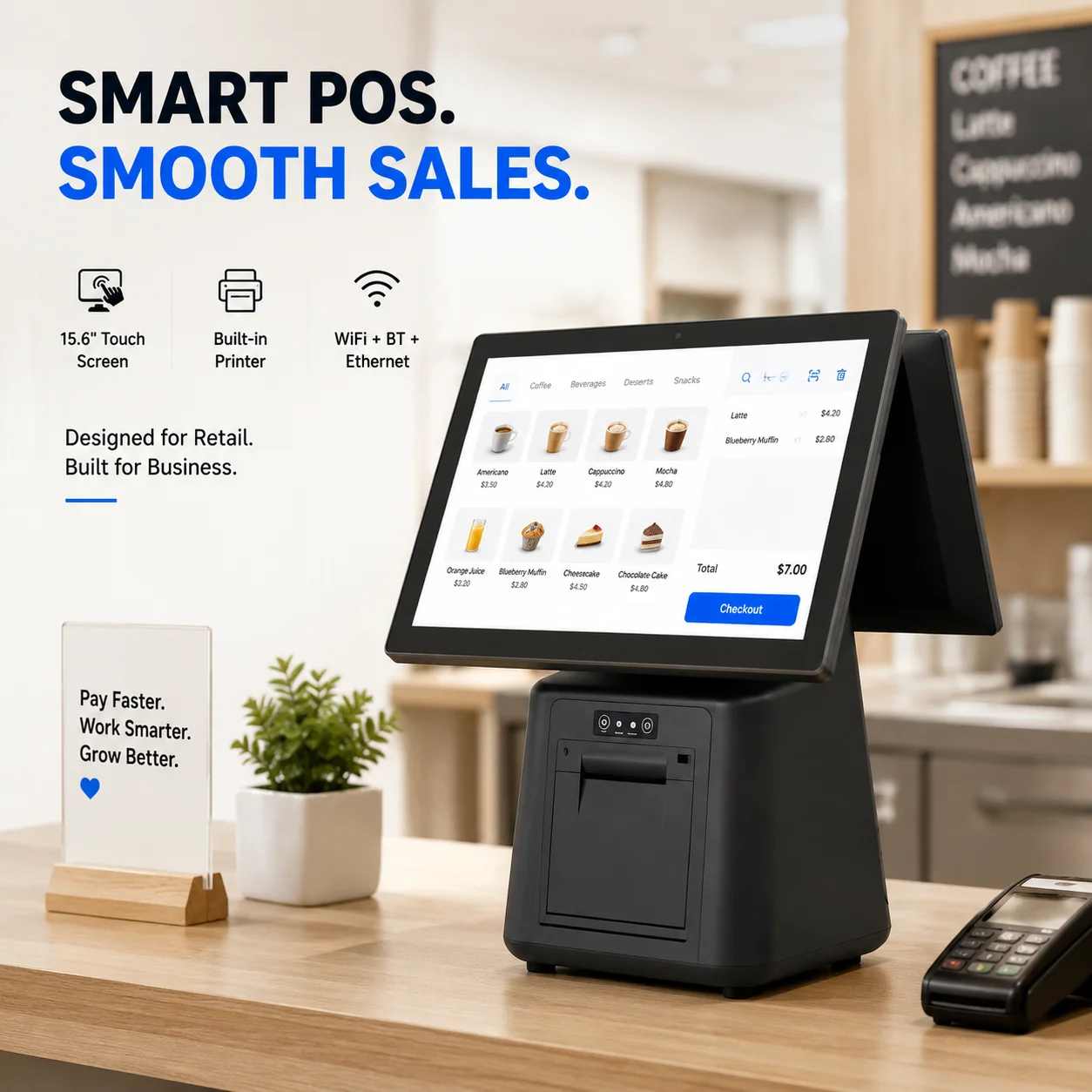 15.6 Inch Touch Screen POS Terminal Cash Register with 58/80mm Thermal Printer All in One POS System for Restaurant Supermarket