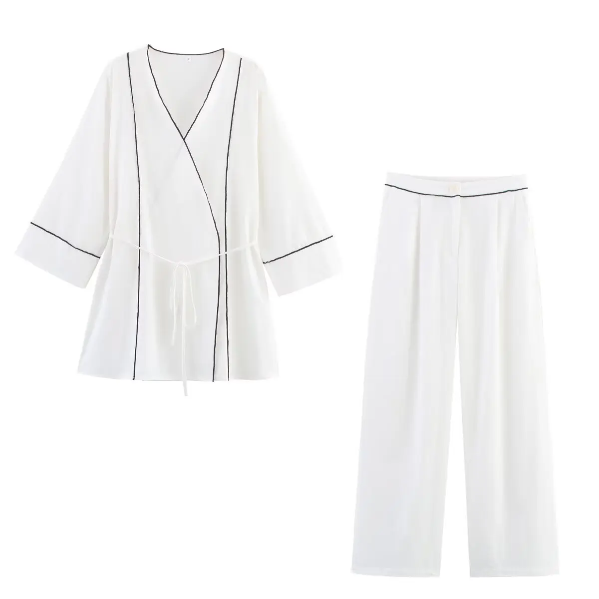 2025 chaqueta de falda doble de manga larga con diseño asimétrico y borde de color choque estilo festivo informal para mujer y pantalones sueltos de pierna ancha