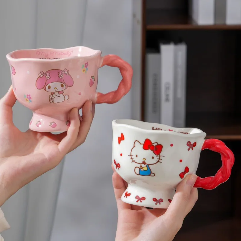 

360ML New Kawaii Sanrio Hello Kitty Mymelody Kuromi Cute High Footed Mark Ceramic Cup Home Decoration Coffee Cup High-value Gift