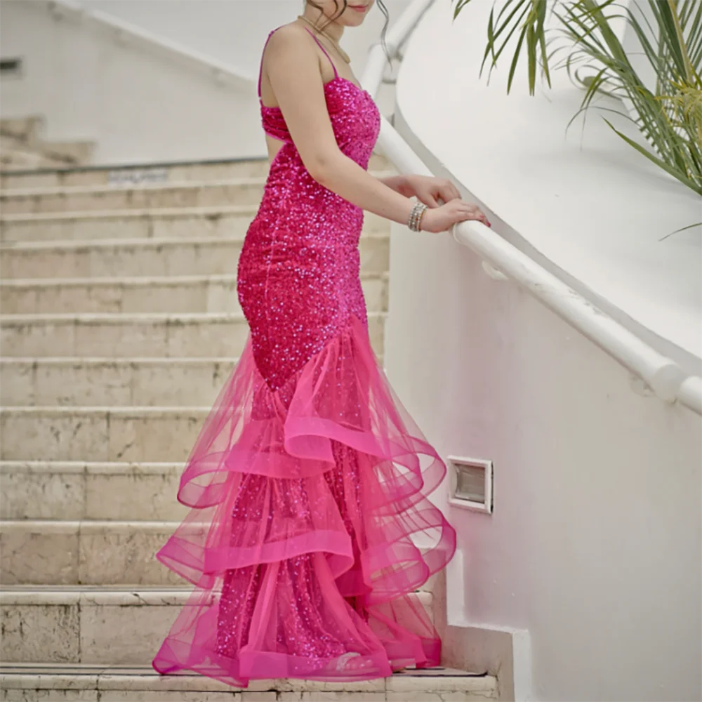 Vestido de noche Formal con lentejuelas de sirena de malla en contraste, tirantes finos, escalonados, volantes, Maxi, cintura alta, brillante, vestidos de cóctel de Graduación