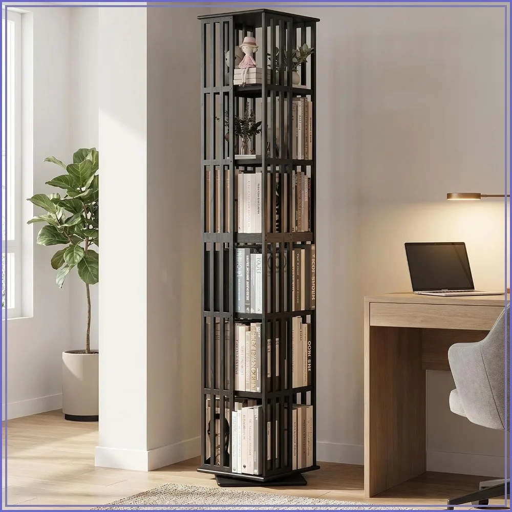 6 Tier 360 Rotating Bamboo Bookshelf, Revolving Bookcase Storage Rack, Black
