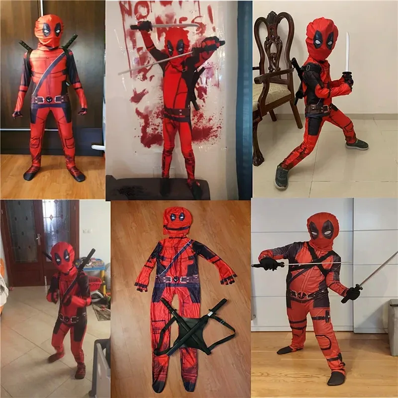 

a7d@Anime Deadpool Cos Suit Jumpsuit Superhero Wade Winston Wilson Cosplay Costume for Kids Boys Red Bodysuit Zentai Halloween P