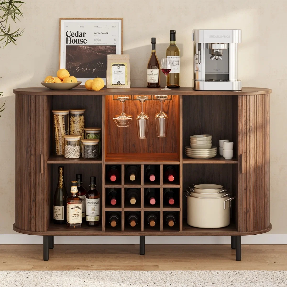 Modern Bar Cabinet with Adjustable Shelf RGB Light Wine Cabinet with Wine Glass Stand Wine Rack