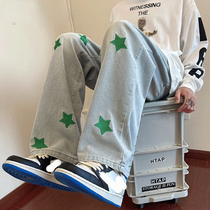 

Mens Y2K Clothes Jeans Star Embroidery Denim Trousers Streetwear Baggy Pants Casual Jean Vintage Hip Hop Wide Leg Pants Men