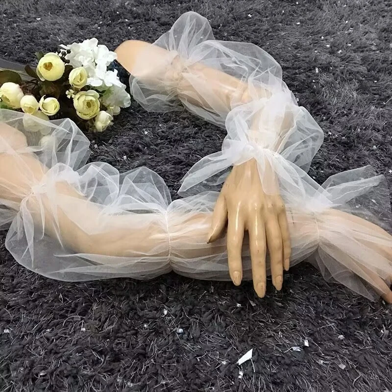 Picture 6: Lace Mesh Wedding Detachable Bubble Arm Sleeves Sheer Tulle Puff Long Gloves Wedding Bridal Party Dress Costume Accessories