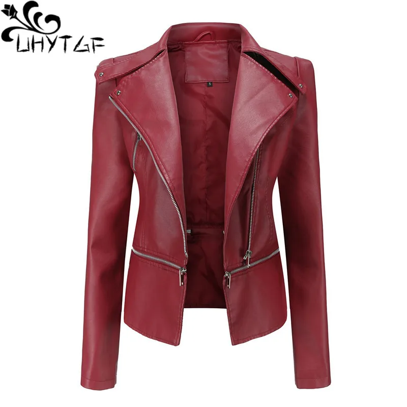 UHYTGF Spring Autumn Leather Jacket Women Fashion The Hem Is Removable High-End PU Leather Coat Female Large Size Outerwear 2755