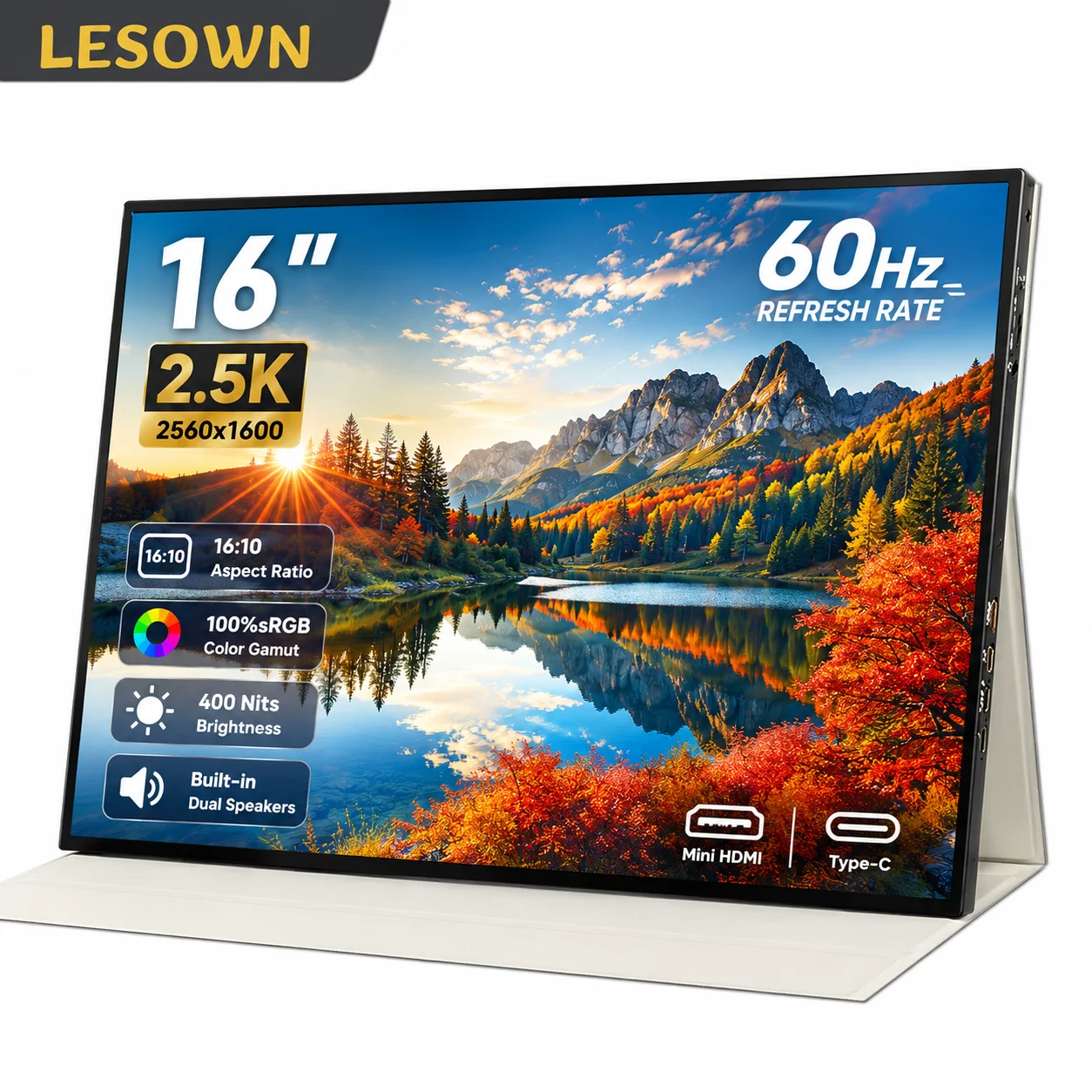 LESOWN 16 Inch External Monitor 2.5K Mobile Display Plug and Play Dual Screen for Business Travel
