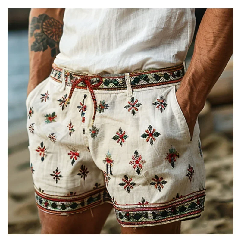 Vintage Boho Florals Print Mens Patchwork Shorts Summer Beach Breathable Loose Casual Shorts For Men Fashion Drawstring Shorts