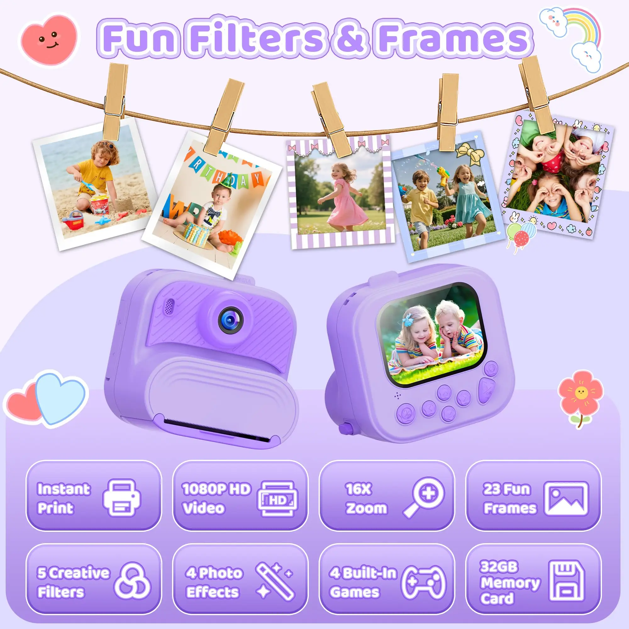 

Kids Instant Print Camera 48MP 1080P Digital Video Recorder Thermal Printer Toy Gift for Girls Boys Age 3-12 Birthday Christmas