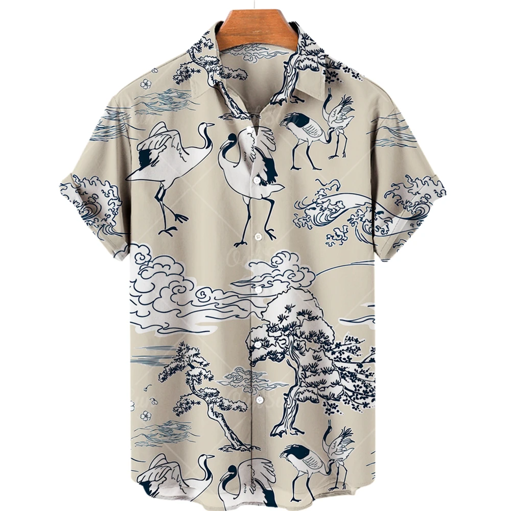 Men\'s Crane Clothing Grus Japonensis Printing Hawaiian Folk-custom Oversized Shirts Vintage Casual Camisa Floral Masculina Y2k