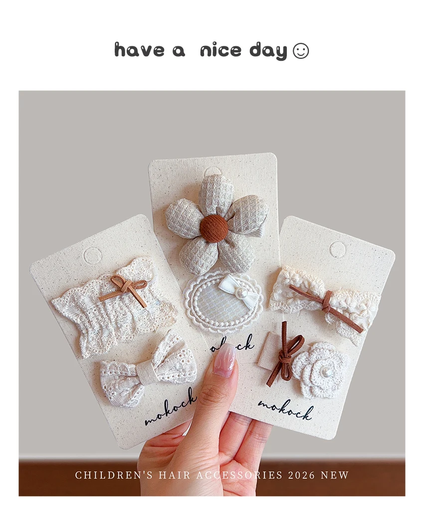 2026 Neue Boho Beige Creme Haarspangen 2 Stück/Set Spitze Strickblume Schonende Haarklammern für Kleinkind-Mädchen – Detail 1