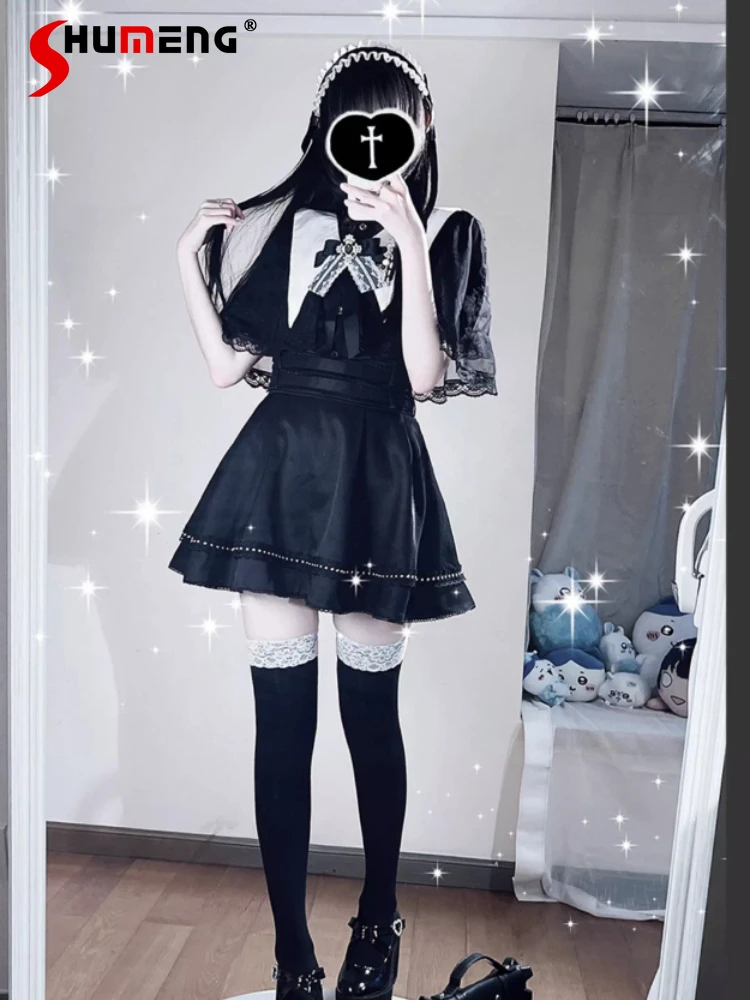 

Японская субкультура, готическая юбка в стиле Лолиты, рубашка, комплект из 2 предметов для девочек и женщин, милая кружевная накидка с бантом, мини-юбка, комплект, женские наряды в стиле Лолиты