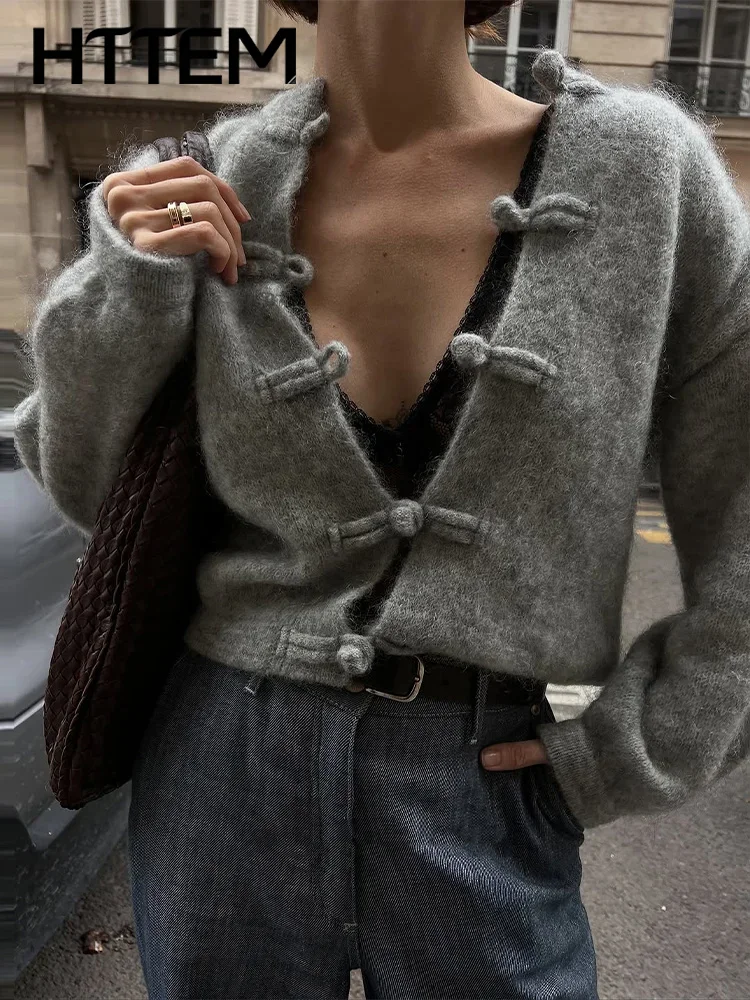Hippocampal Hair Women's Autumn Cardigan Grey O-neck China Kou Long Sleeve Loose Female Sweater 2026 Winter Chic Lady Knitwear