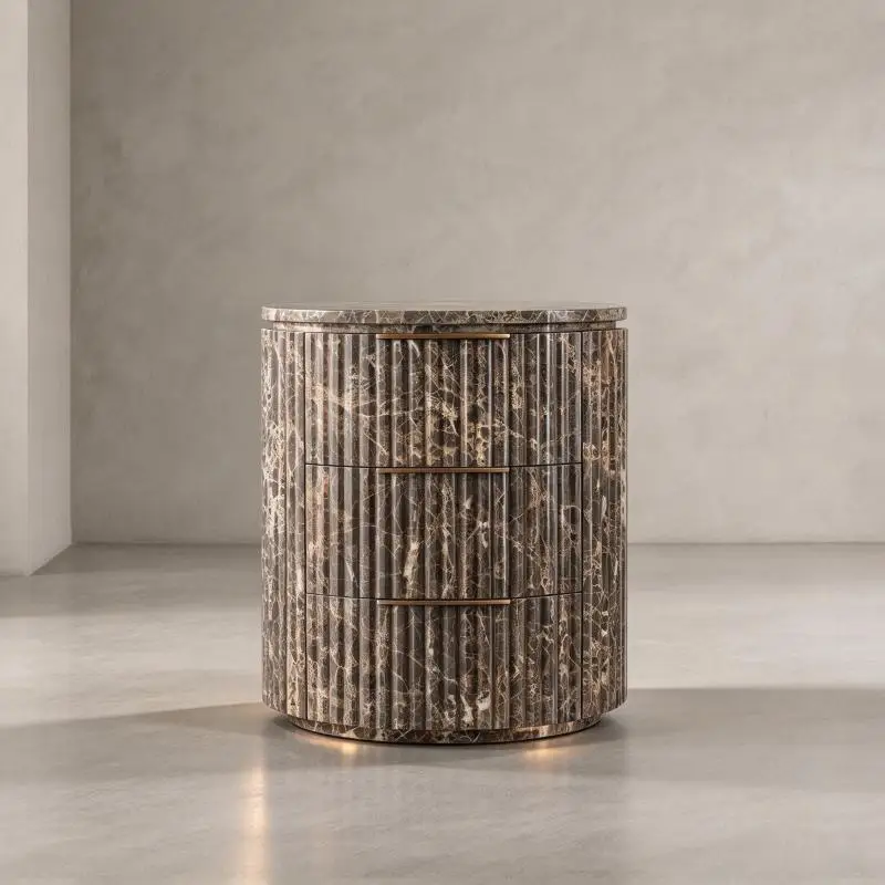 OAKEN Luxury Bedroom Round Marble Nightstand Fluted Marble Cabinet 3 Drawers Bedside Table Reeded Stone Closed Nightstand