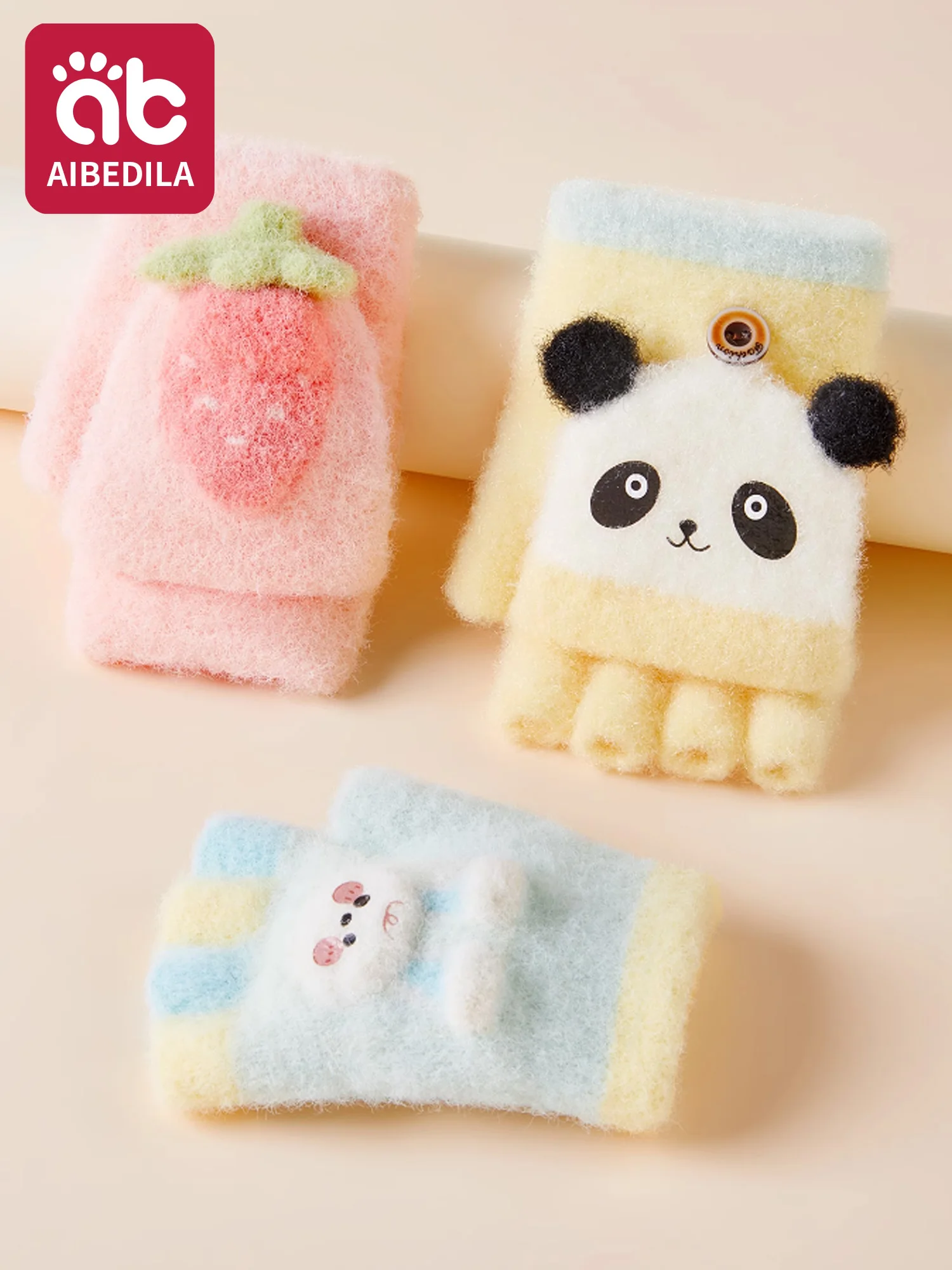 AIBEDILA Cartoon Cute Convertible Flip Top Gloves Toddler Kids Winter Warm Fingerless Gloves with Mitten Cover for Girls Boys