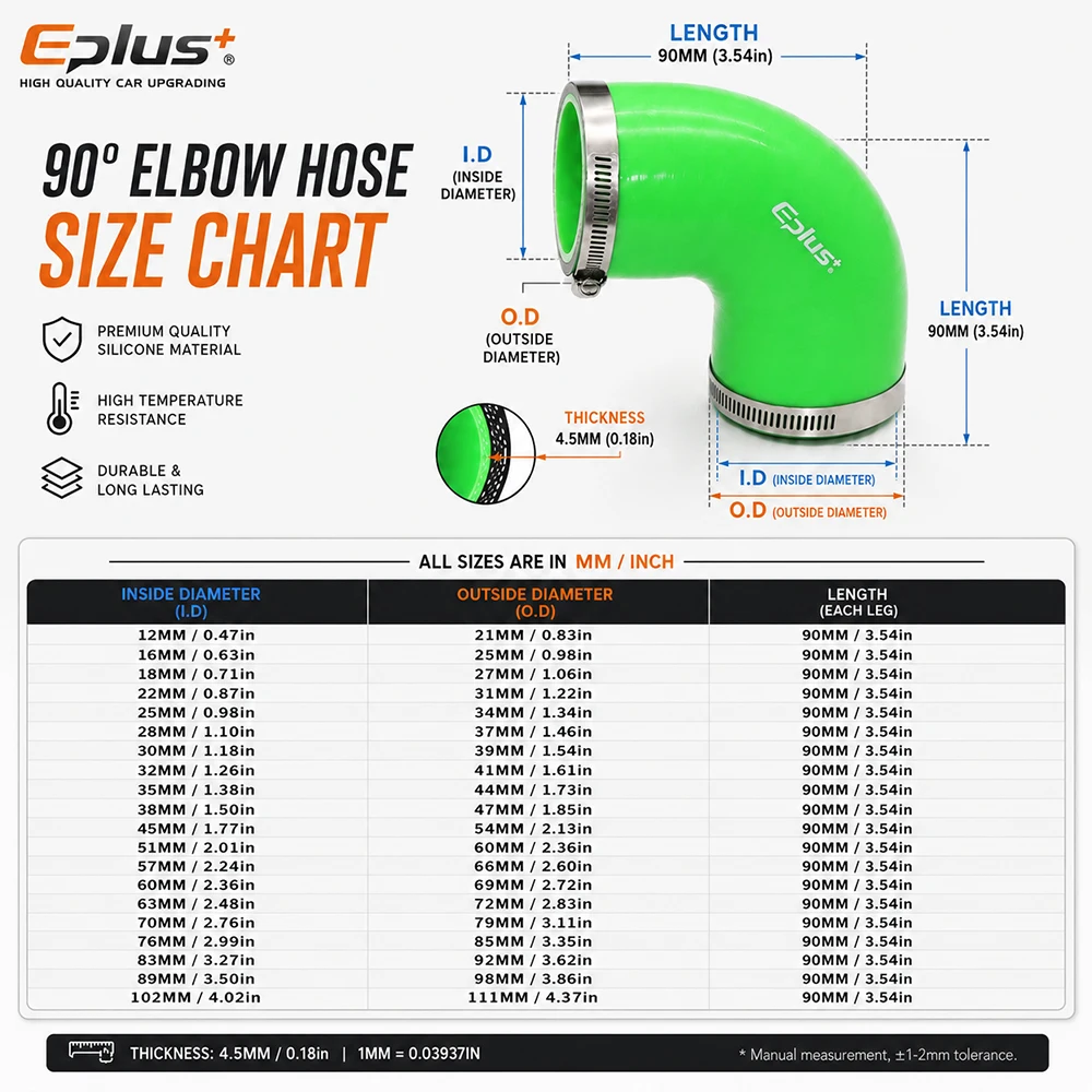EPLUS Green Silicone Tubing 90 Degrees Hose Coupler Universal Car Air Intake Intercooler Turbo Pipe Adapter Silica Gel Connector