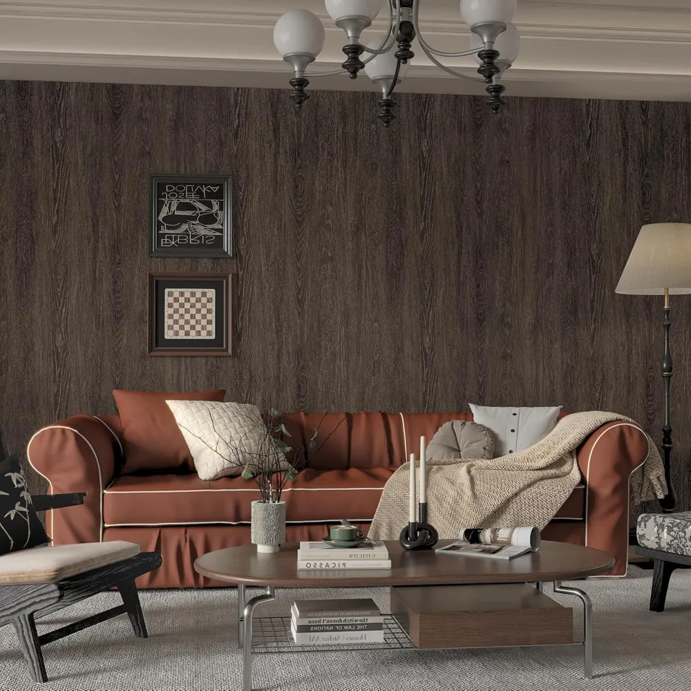 ورق جدران واسع جدًا من الخشب البني والشوكولاتة قابل للتقشير والالتصاق مع فتحة توجيه هوائية للأسطح الكبيرة