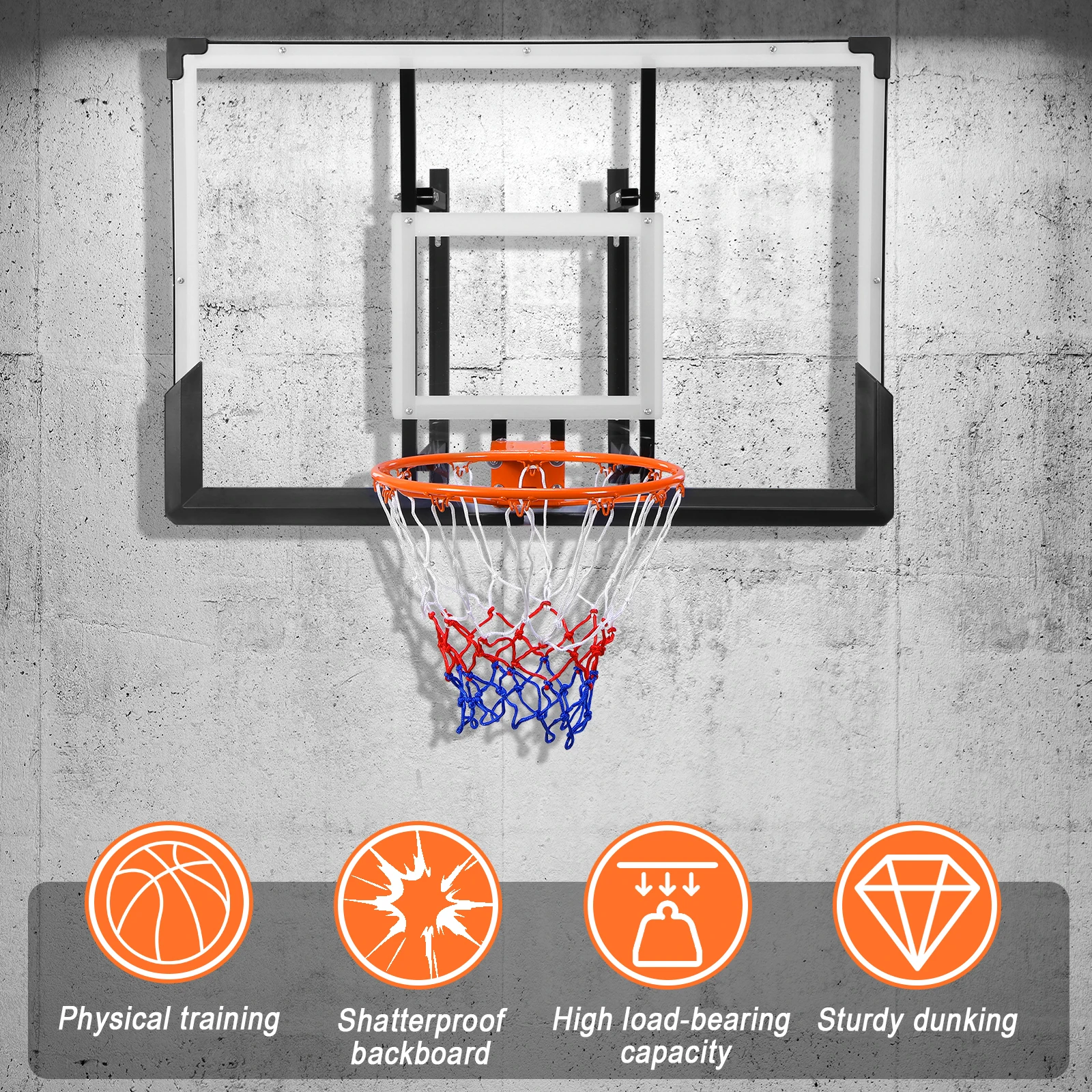 Wall Mounted Basketball Hoop Basketball Goal Backboard and Rim Indoor Outdoor Basketball Hoop for Kids Adults
