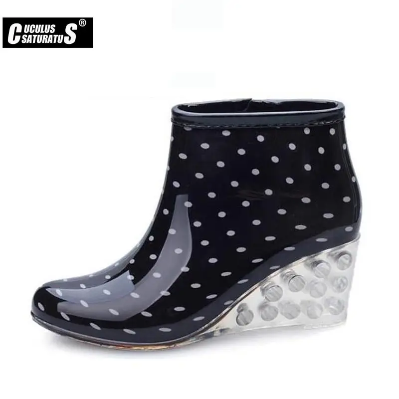 Cuculus 2022 Women Wedge Rain Boots Female Ankle High Heel Boots Rain Waterproof Wellies Boots Women Rubber Water Shoes 1296