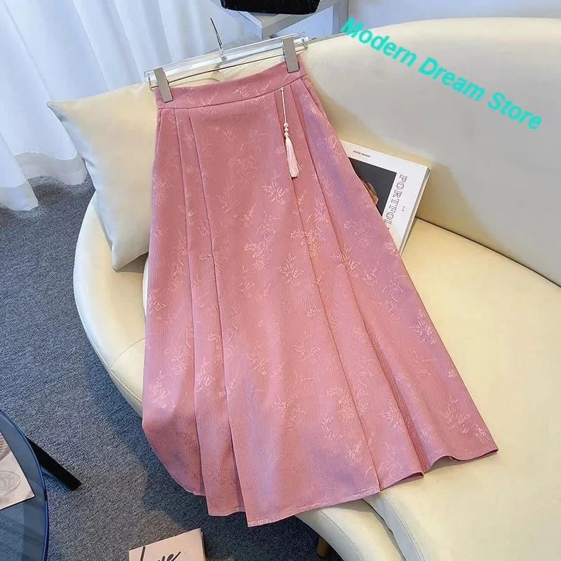 New Chinese Jacquard pleated skirt Women's Spring and Autumn New Fashion National Style High Waist Slim Casual Long Dress