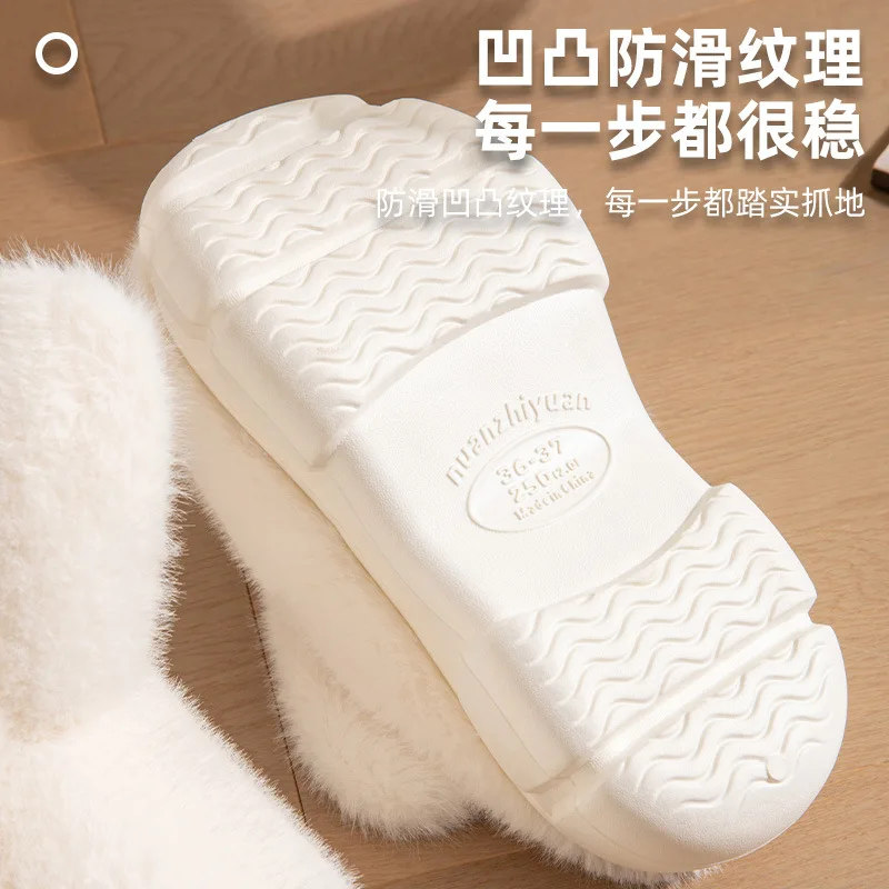 8 cm High platform fur slippers women\'s winter fluffy ear home shoes woman white bunny rabbit slippers woman house clog shoes