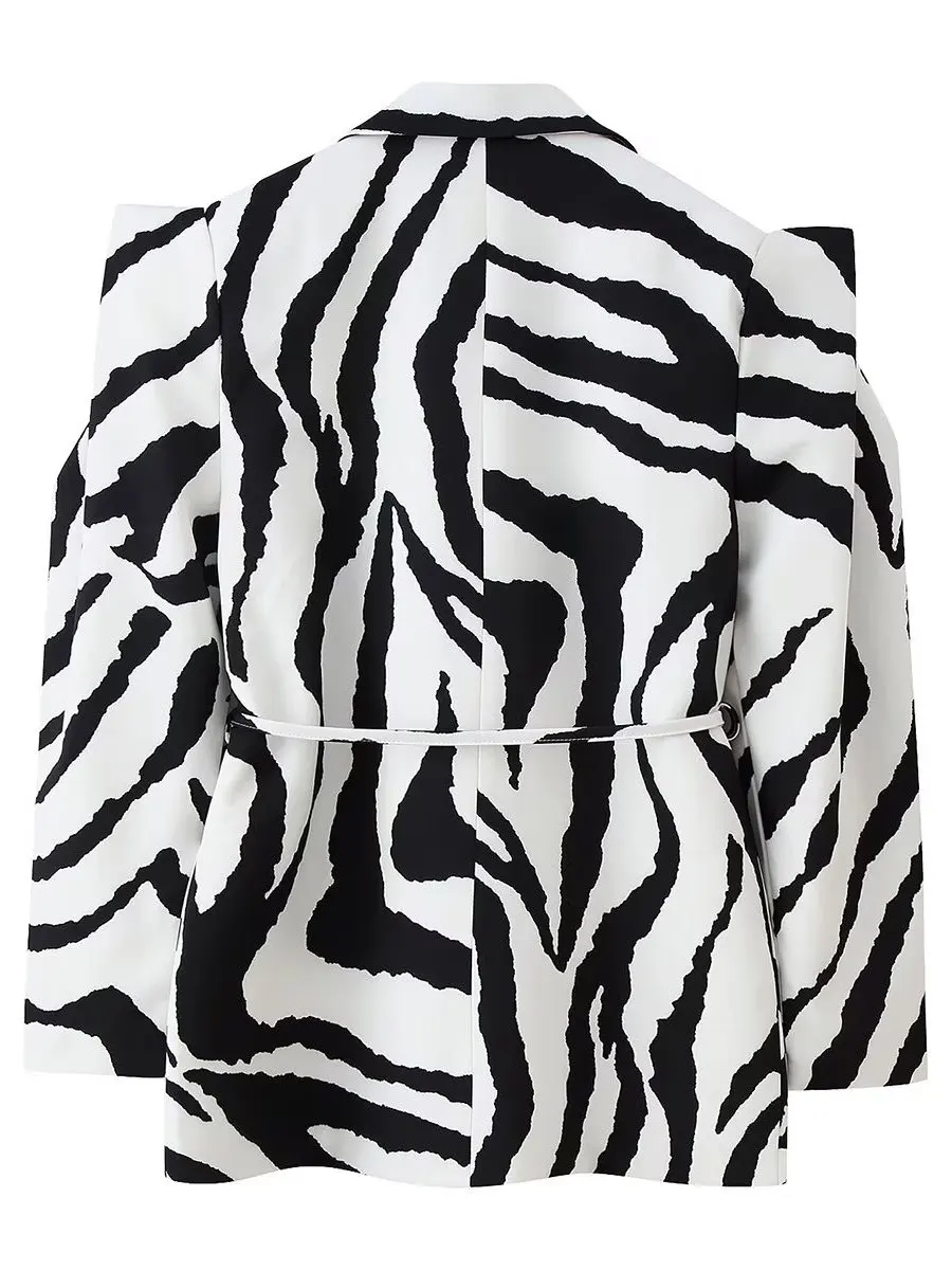 Women's Fashionable Workwear Wide Shoulder Suit Jacket with Belt Zebra Print Long Sleeve Waist Cinched Autumn Outerwear