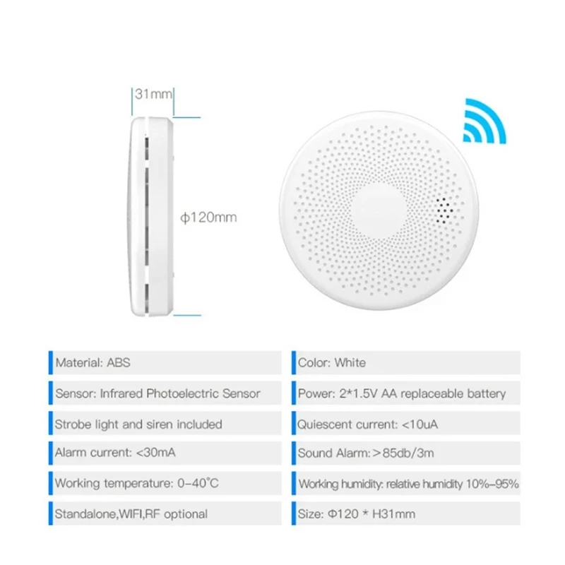 1 Piece Tuya Wifi Carbon Monoxide Smoke Detector Security Protection 2-In-1 Smoke Sensor