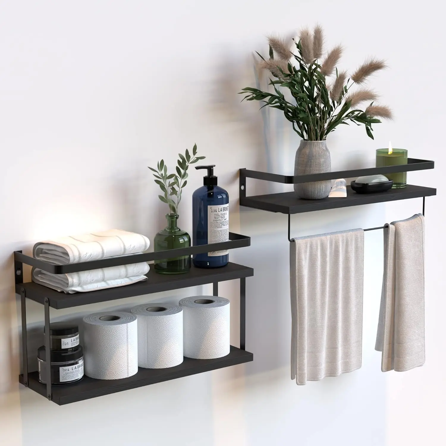 

2+1 Tier Wall Mounted Floating Shelves Set of 2, Rustic Wood Wall Shelf with Metal Frame, Extra Storage Rack for Bathro