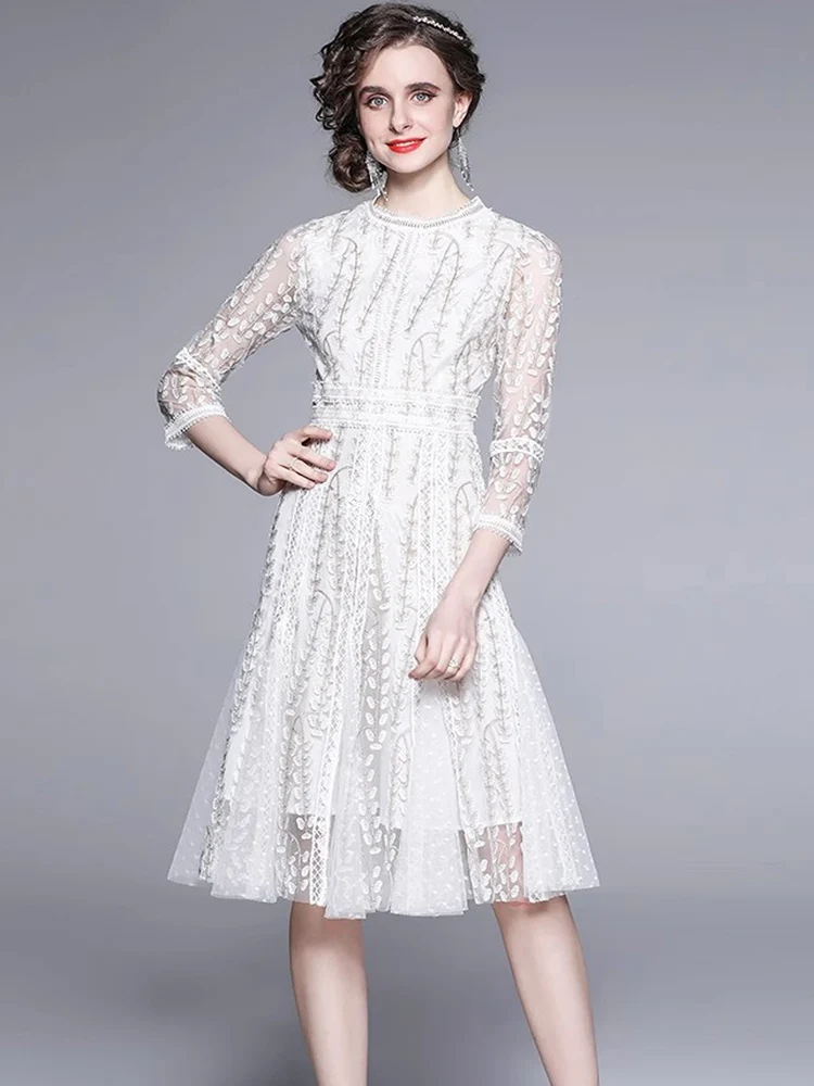 

Fashion Designer Flower Embroidery Mesh Party Dress 2024 Spring For Women O-Neck 3/4 Sleeve Slim Waist Elegant Dress Vestidos