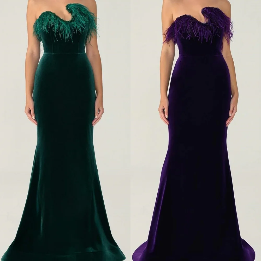 Yipeisha  Exquisite Asymmetrical One-Shoulder Mermaid Sweep Evening Dresses Feathers Velour Customized  es