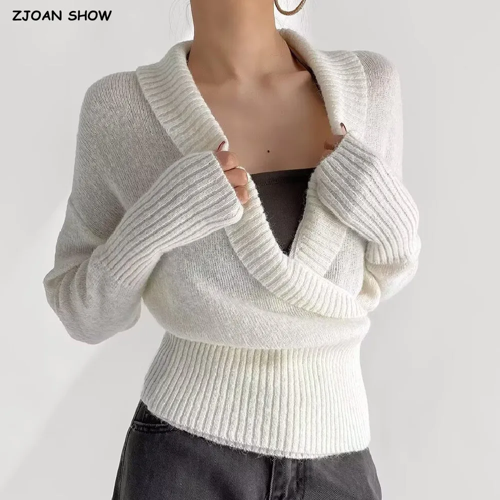 2025 Autumn Women Cross Lapel V Neck Knitted Pullover Sweater High Waist Slim Rib Hem Full Bat Sleeve Jumper Short Knitwear